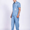 Sky Blue Linen Postcard Embroidered Shirt
